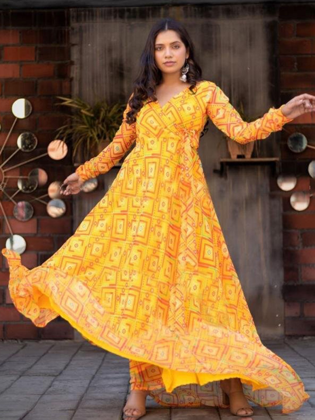 KALINI Geometric Printed Angrakha Fit & Flared Ethnic Dress, Yellow