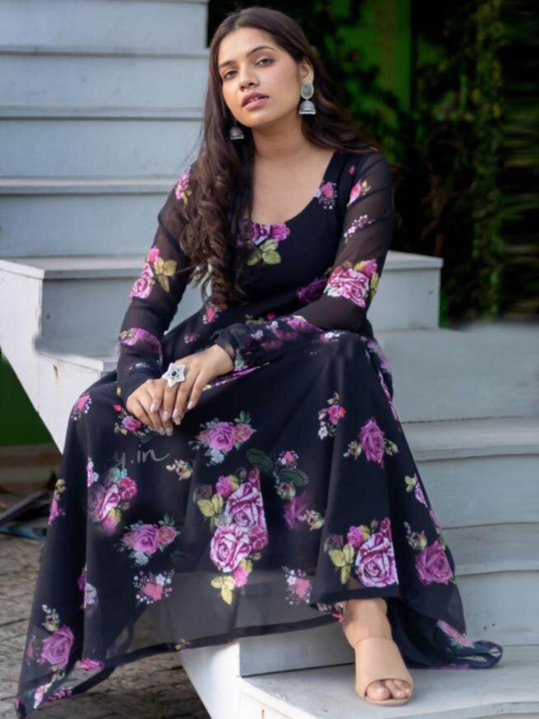

KALINI Floral Printed Maxi-Length Ethnic Dresses, Black