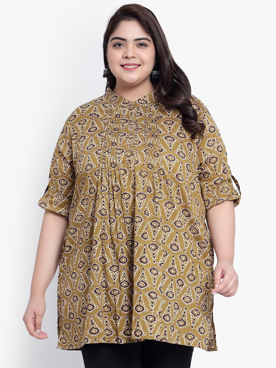 Indietoga Women Plus Size Geometric Printed Pure Cotton Casual Tunic, Mustard