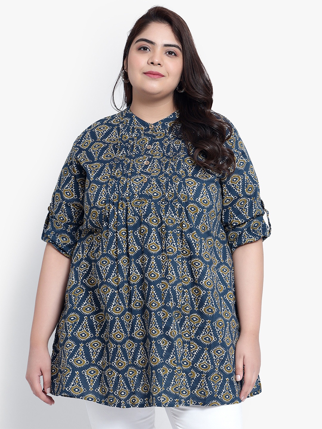 

Indietoga Women Plus Size Geometric Printed Pure Cotton Casual Tunic, Blue