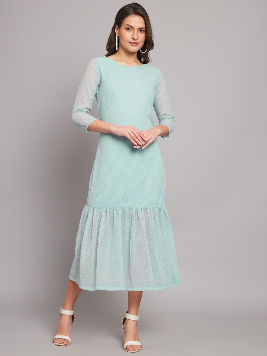

HELLO DESIGN Self Design Georgette A-Line Midi Dress, Sea green