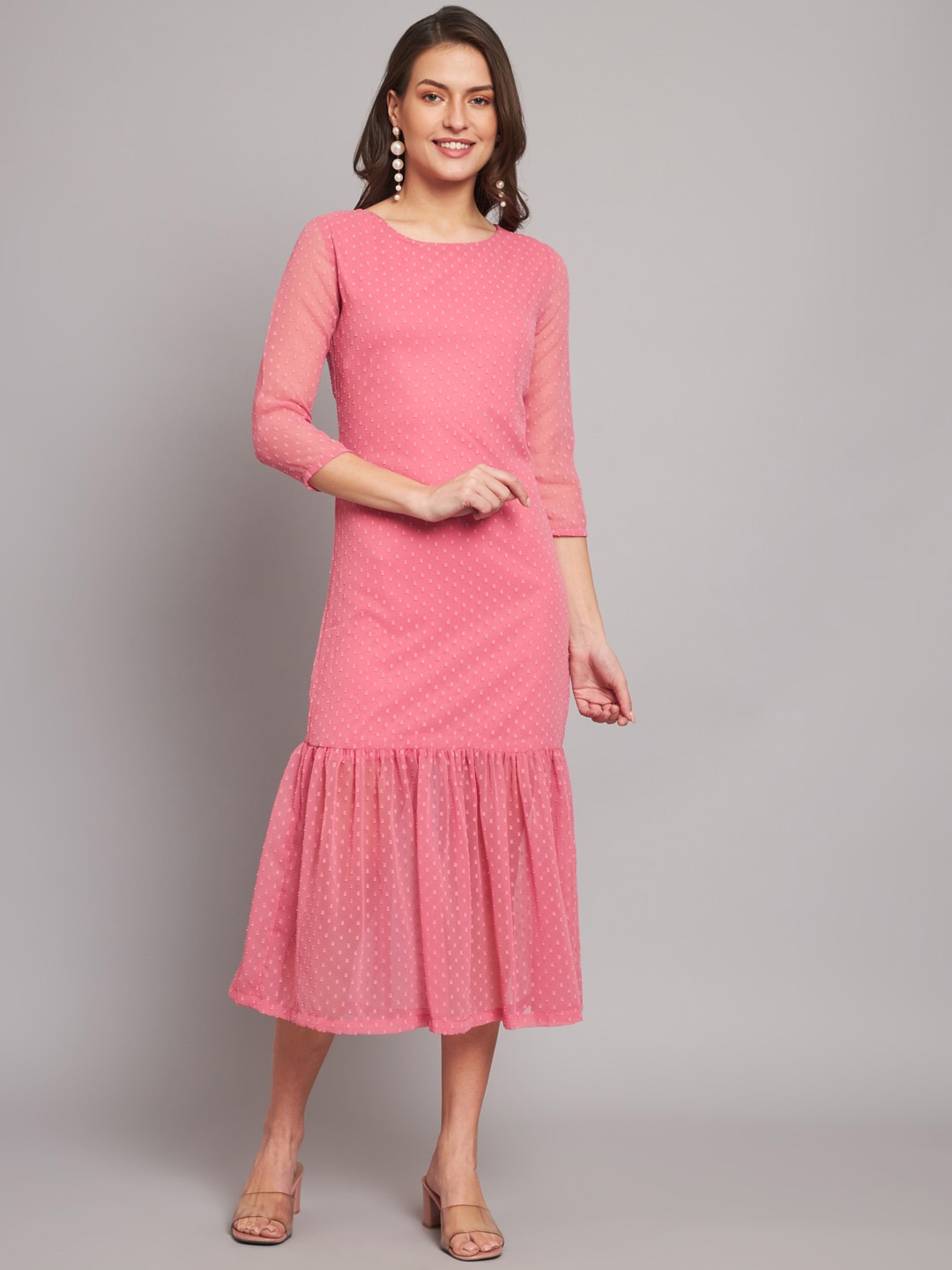 HELLO DESIGN Self Design Sheath Flounce Dress, Peach