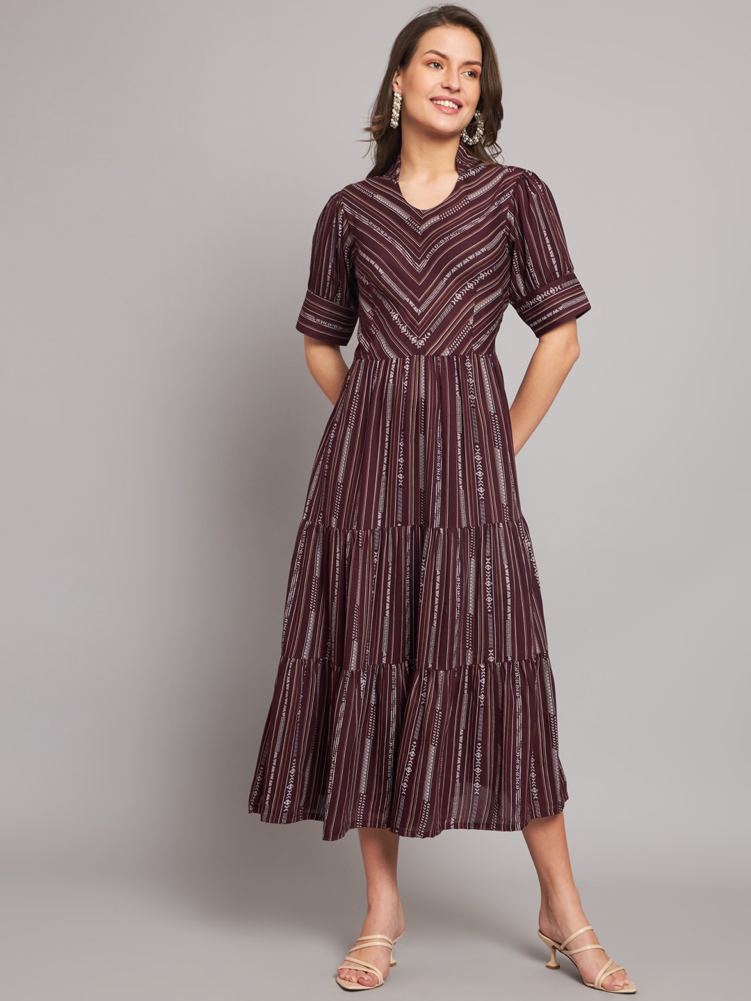 

HELLO DESIGN Puff Sleeves Striped Fit&Flare Dress, Maroon