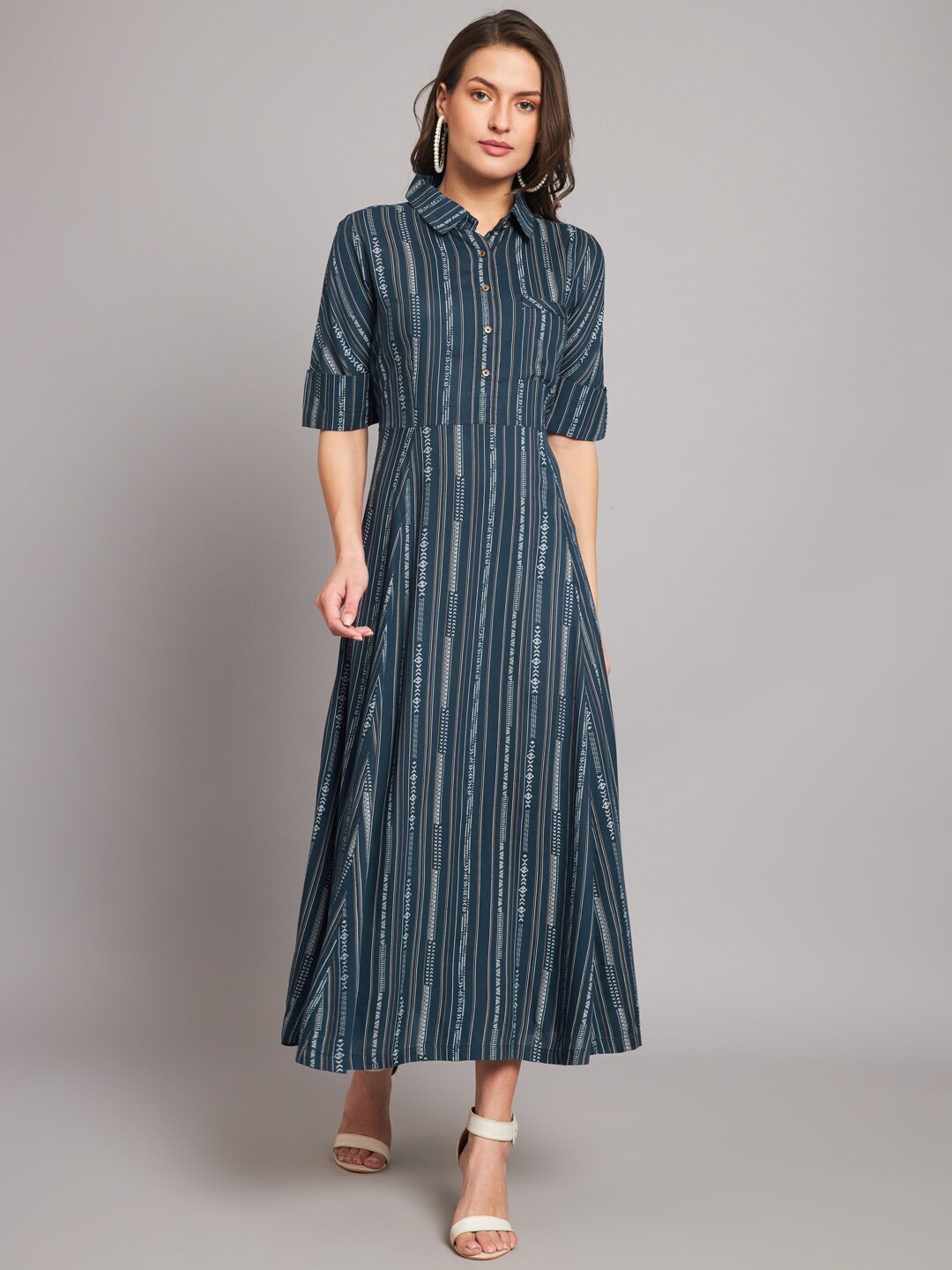 

HELLO DESIGN Roll-up Sleeves Striped Maxi Dress, Blue