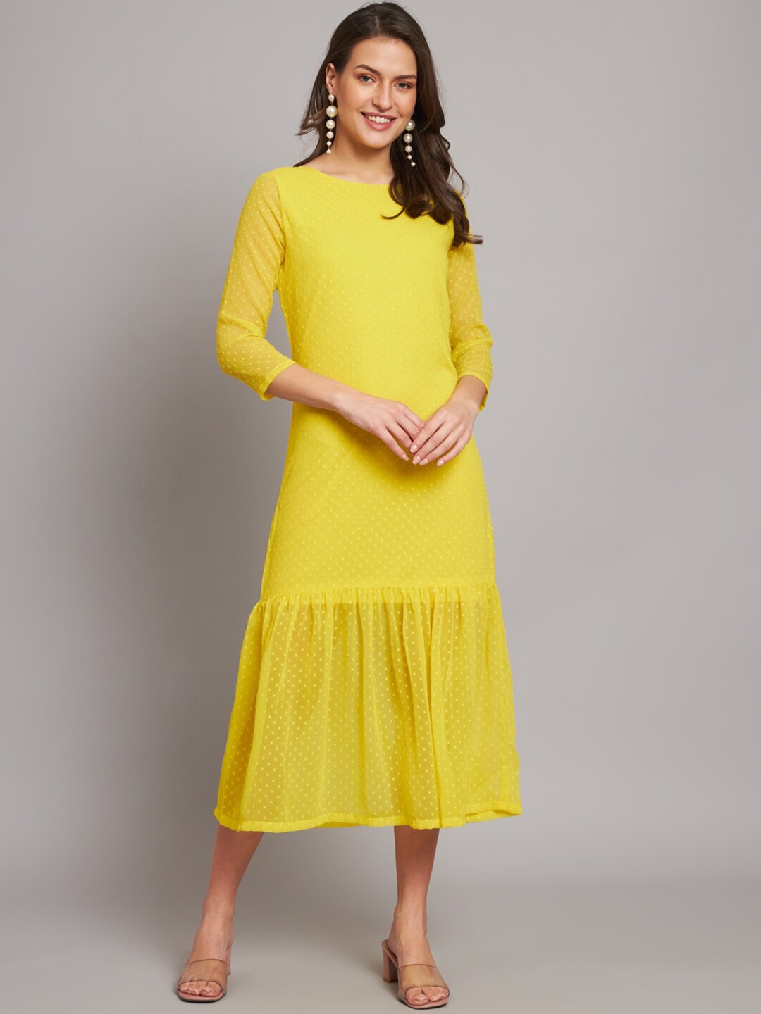 

HELLO DESIGN Self Design Sheath Flounce Dress, Yellow
