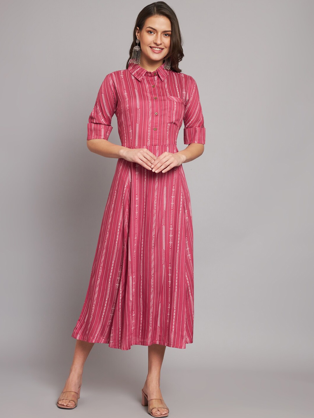 

HELLO DESIGN Striped Shirt Collar A-Line Midi Dress, Pink