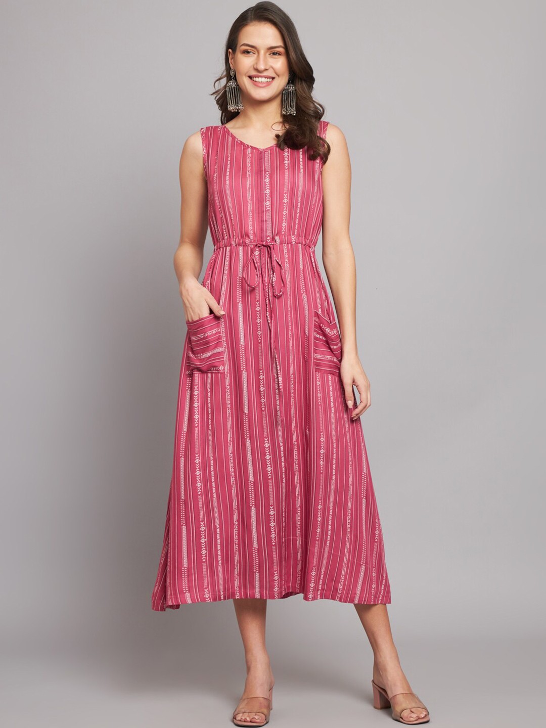 

HELLO DESIGN Geometric Printed V -Neck Relaxed Fit Fit & Flare Midi Dress, Pink