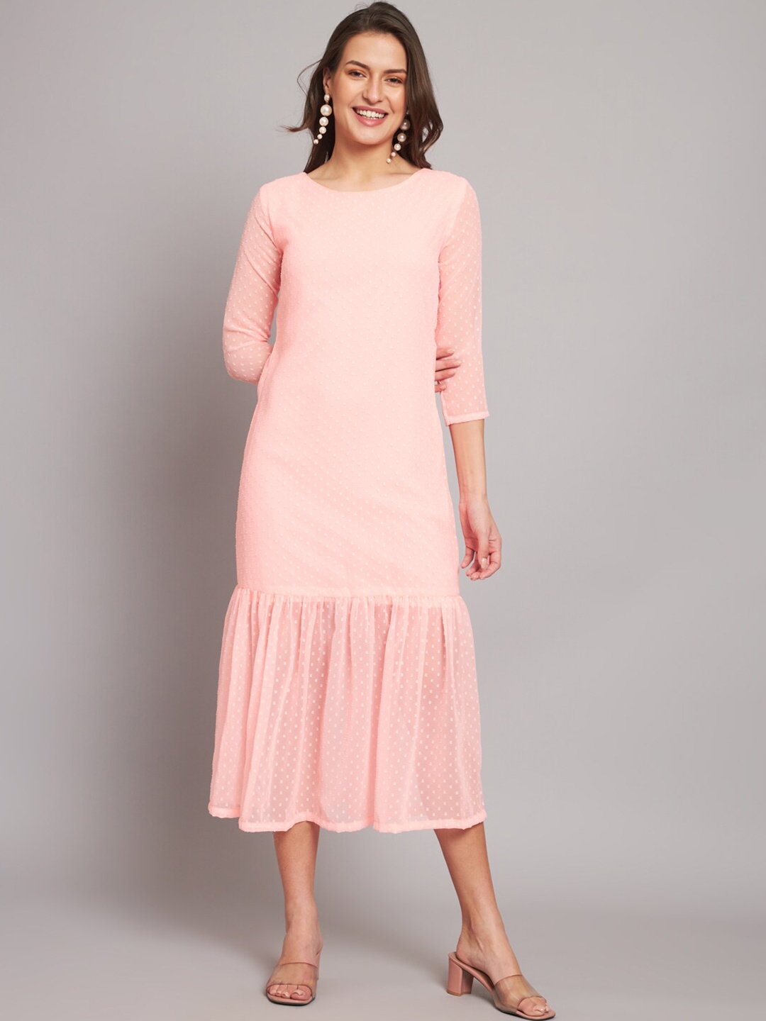 

HELLO DESIGN Self Design Sheath Flounce Dress, Pink