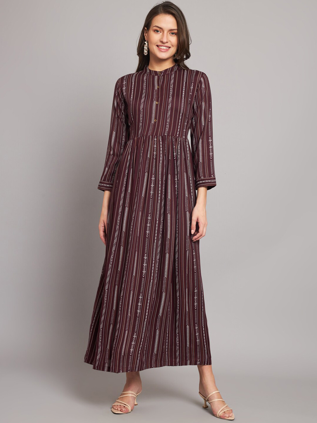 

HELLO DESIGN Geometric Printed Mandarin Collar A-Line Maxi Dress, Maroon