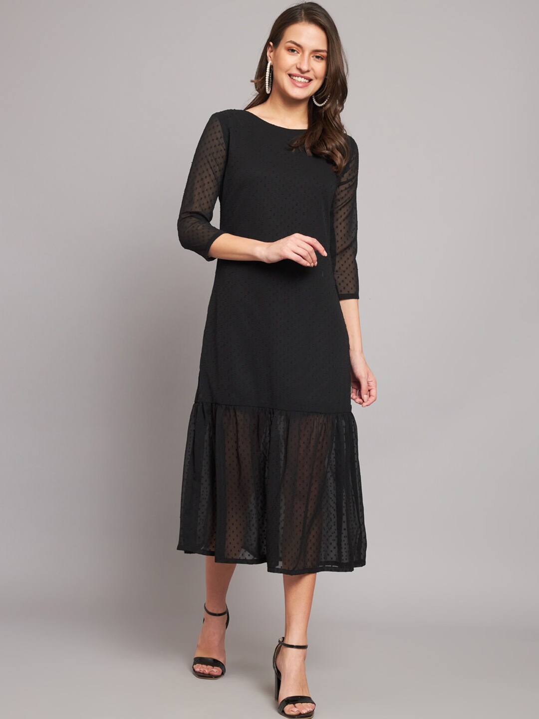 

HELLO DESIGN Self Design Georgette A-Line Midi Dress, Black