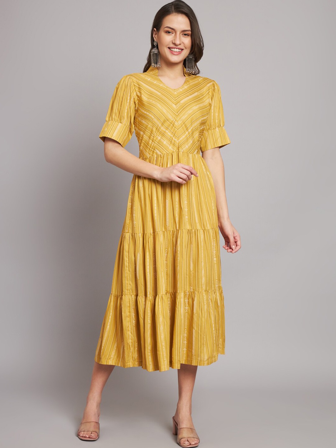 

HELLO DESIGN Geometric Printed Tiered A-Line Midi Dress, Mustard