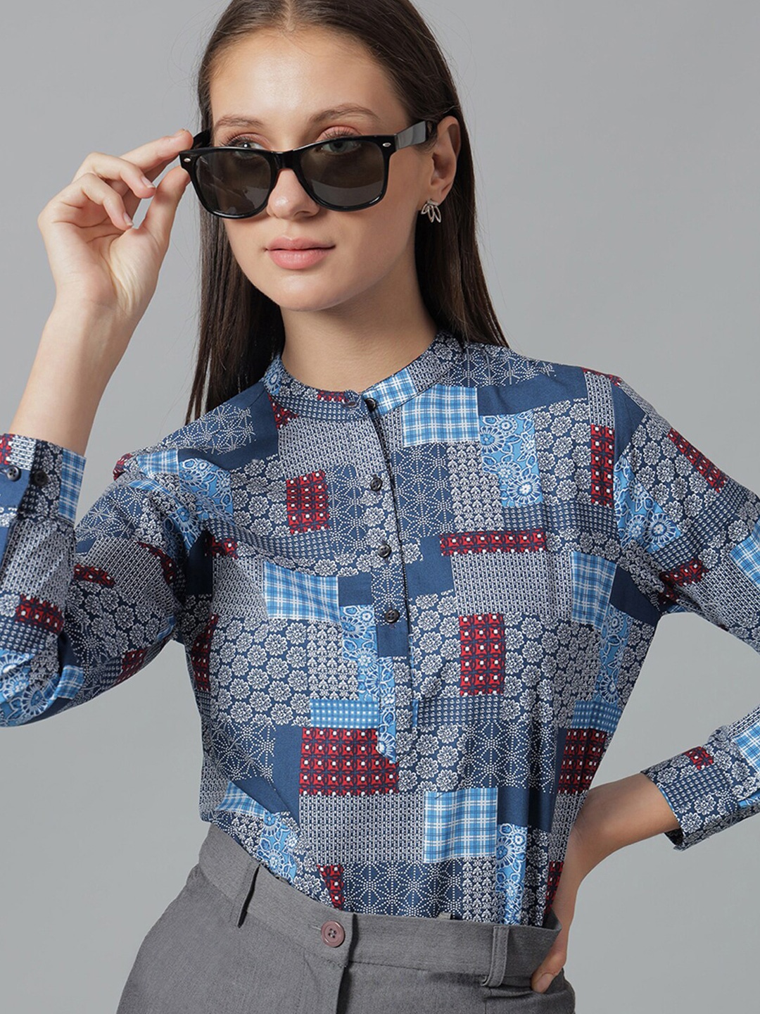 

Hancock Printed Mandarin Collar Pure Cotton Shirt Style Top, Blue