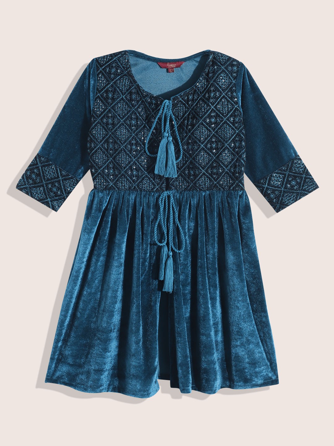 

Sangria Girls Self Design Sequined Longline Tie-Up Shrug, Blue