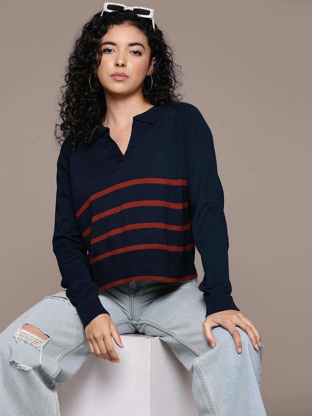 

The Roadster Lifestyle Co. Striped Relaxed Acrylic Pullover, Navy blue