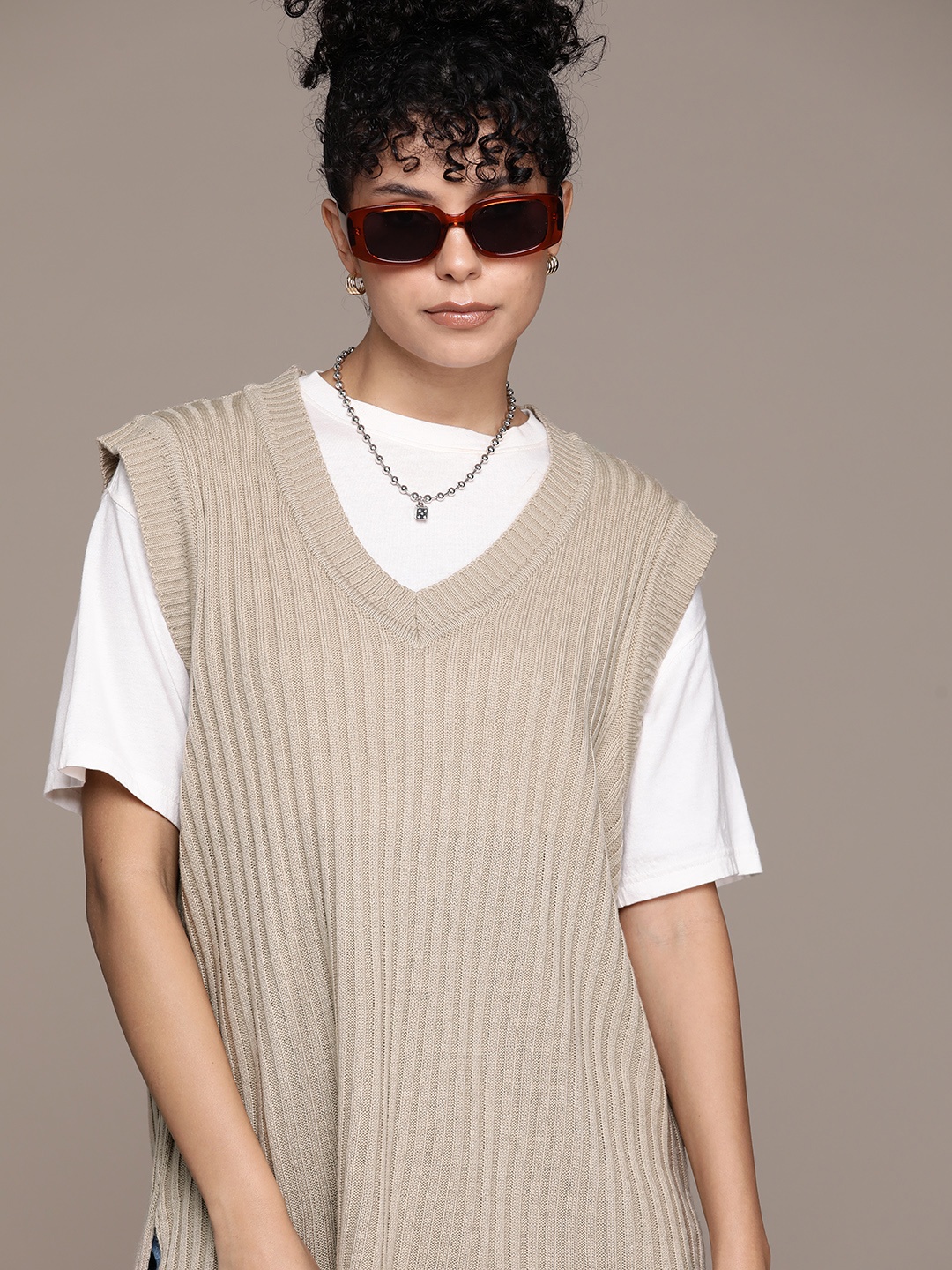 

The Roadster Lifestyle Co. Ribbed Acrylic Sweater Vest, Beige