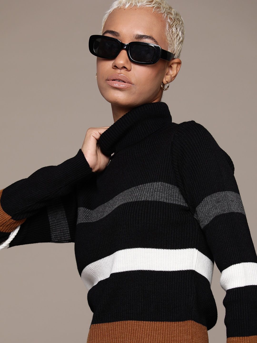 

The Roadster Lifestyle Co. High Neck Ribbed Detail Striped Pullover, Black