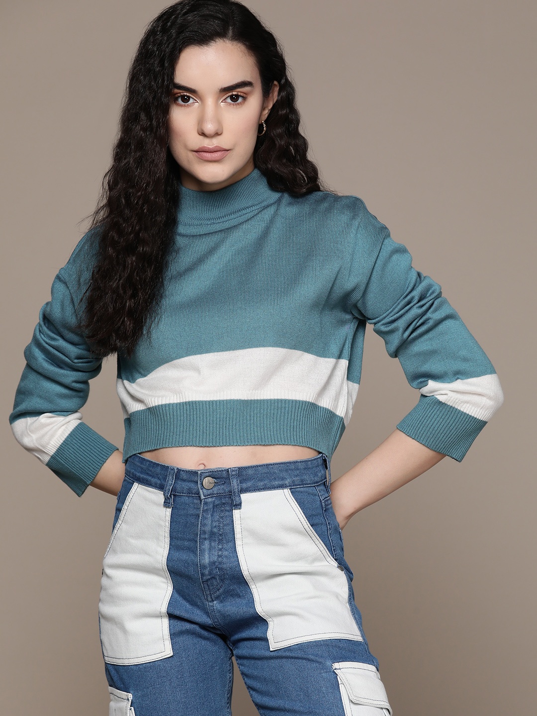 

The Roadster Lifestyle Co. Striped Boxy Crop Acrylic Pullover, Blue