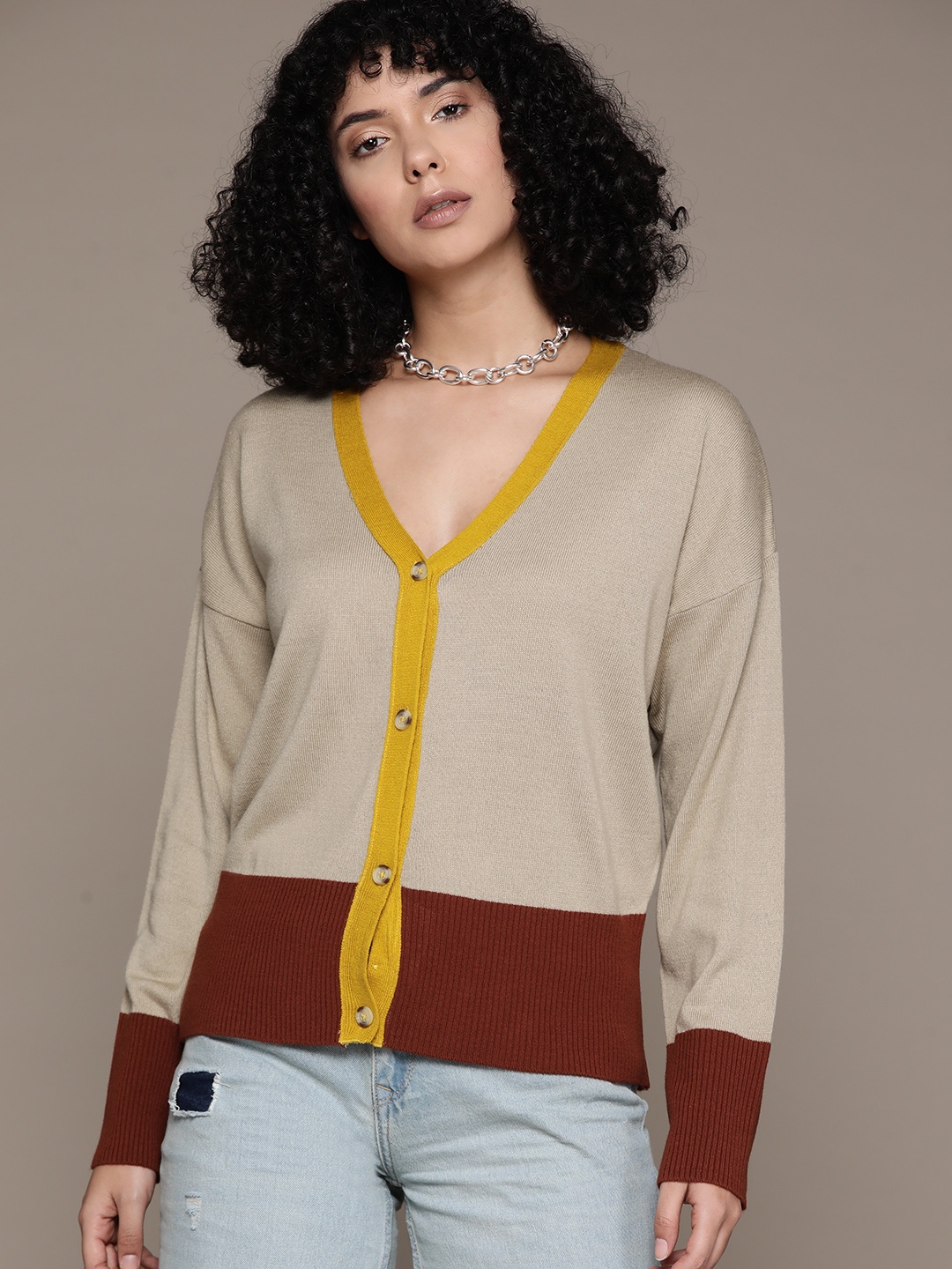 

The Roadster Lifestyle Co. Acrylic Colourblocked Boxy Cardigan, Beige