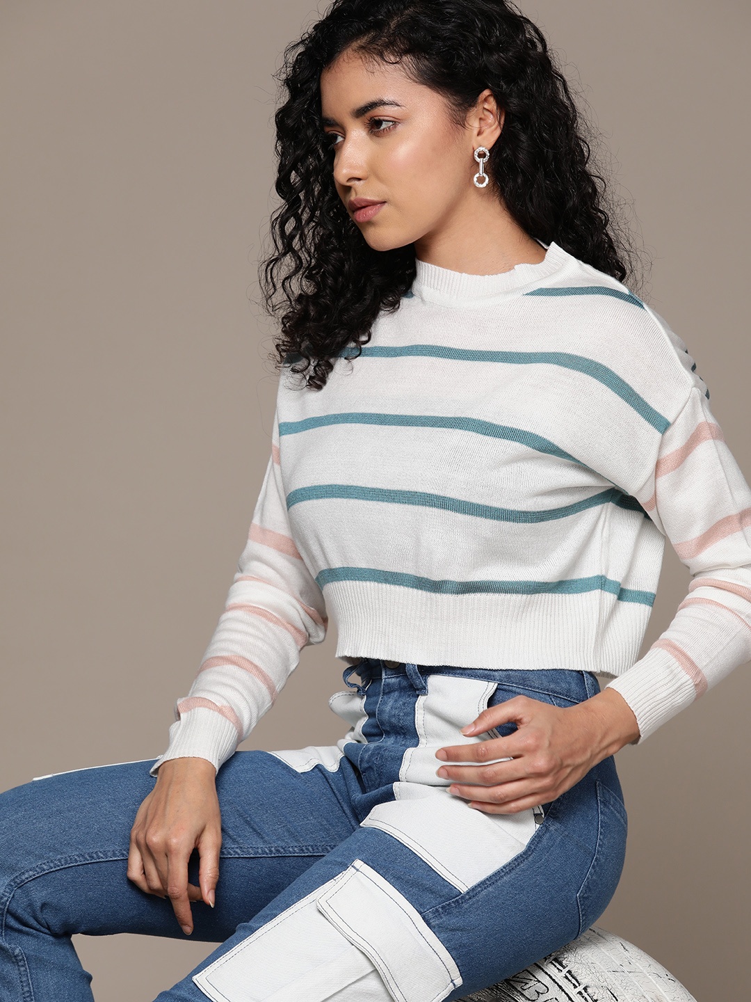 

The Roadster Lifestyle Co. Acrylic Striped Round Neck Pullover, White
