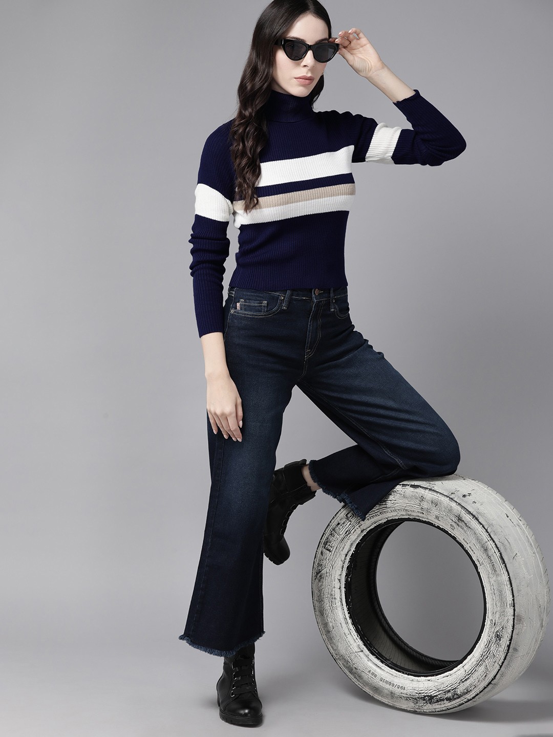 

The Roadster Lifestyle Co. Ribbed Striped Acrylic Pullover, Navy blue
