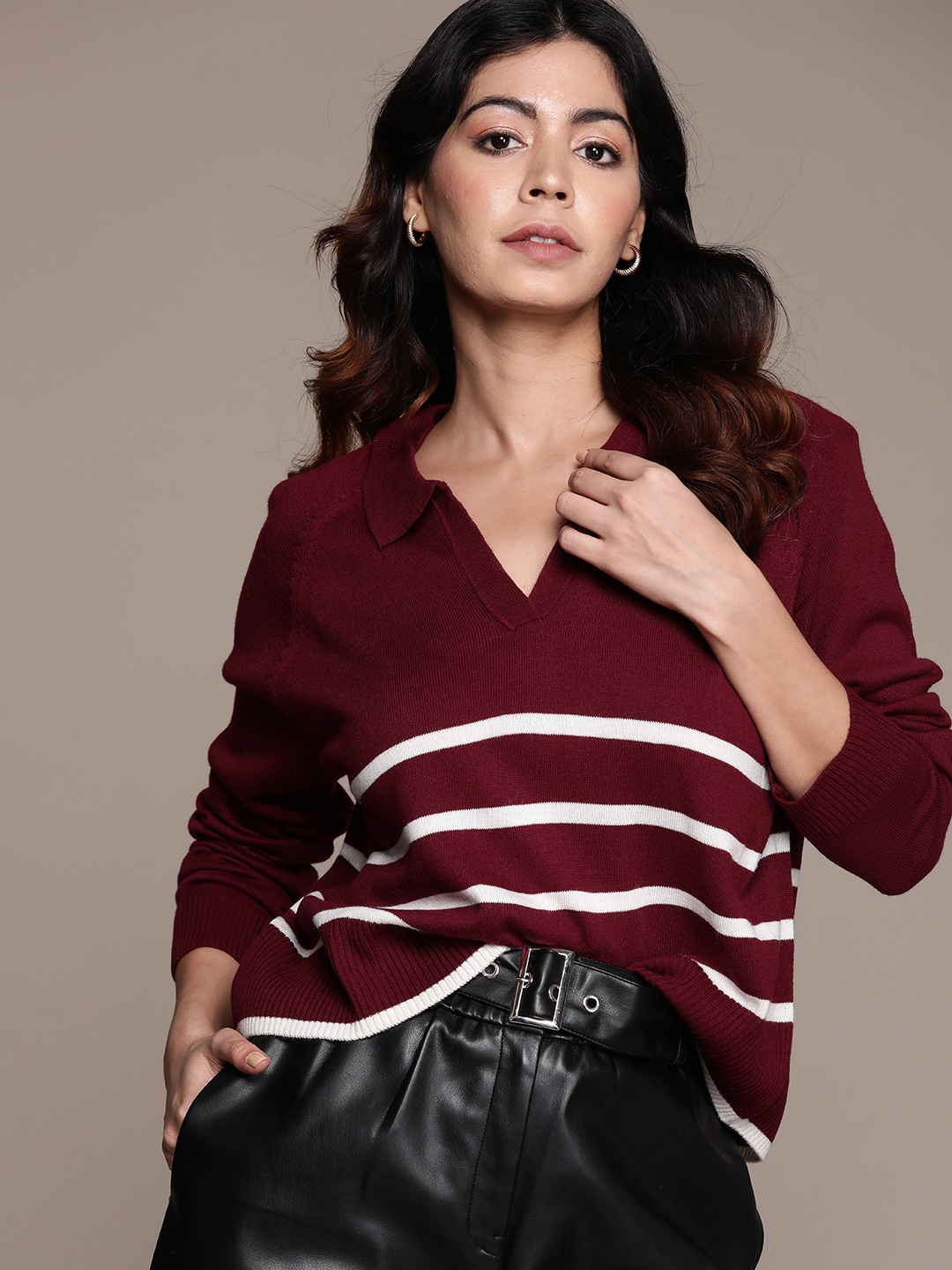 

The Roadster Lifestyle Co. Striped Raglan Sleeves Relaxed Pullover, Maroon