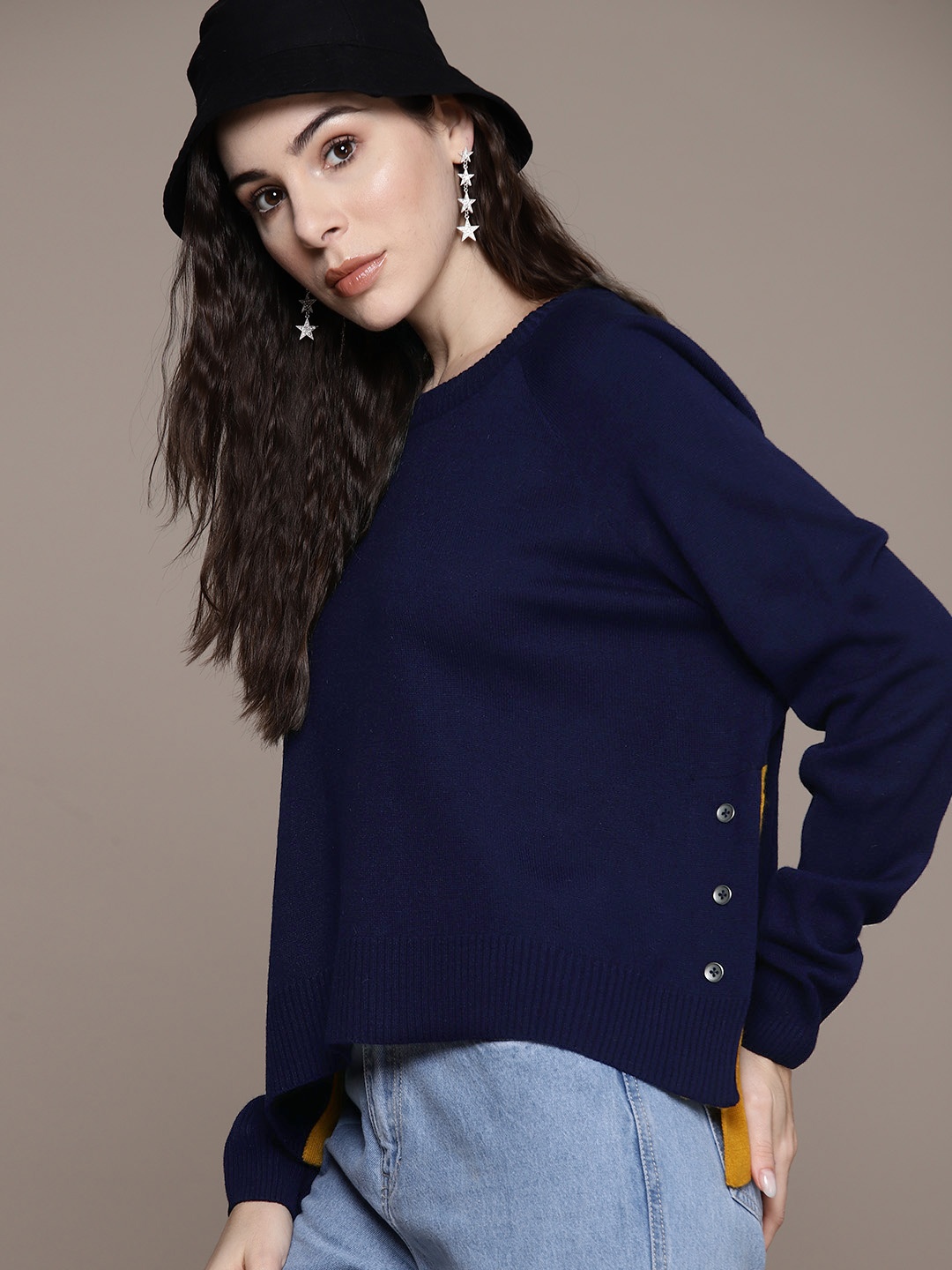 

The Roadster Lifestyle Co. Solid Acrylic High-Low Relaxed Pullover with Side Slit, Navy blue