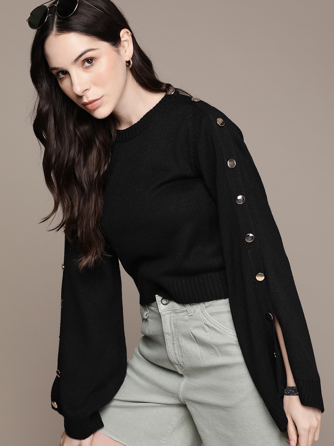 

The Roadster Lifestyle Co. Long Flared Slit Sleeves Button Detail Pullover, Black