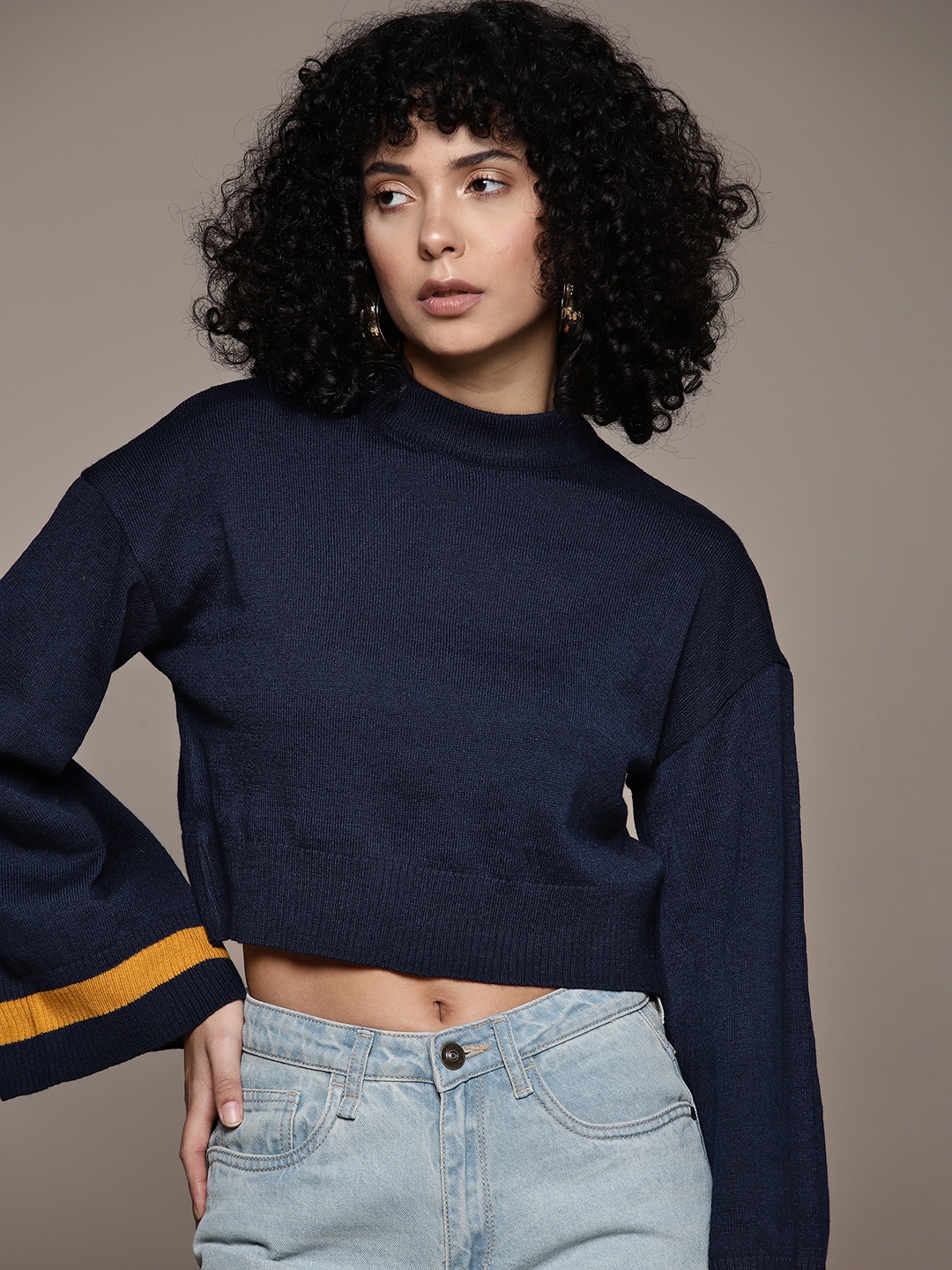 

The Roadster Lifestyle Co. Full Flared Sleeves Crop Pullover, Navy blue
