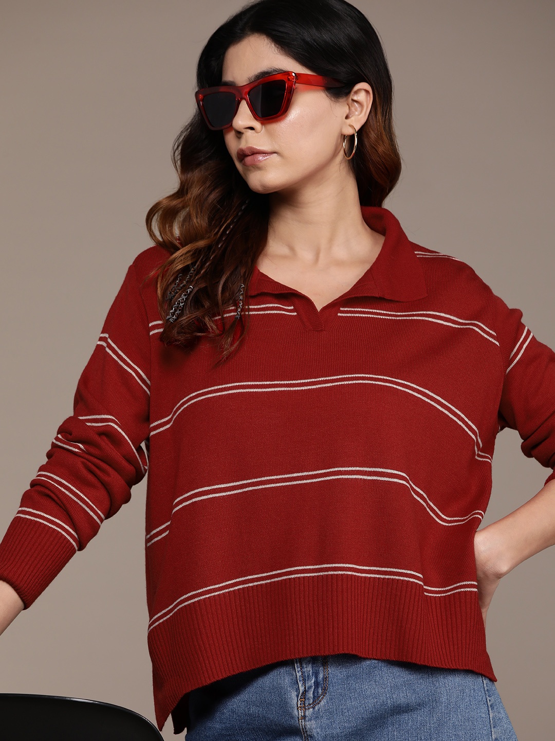 

The Roadster Lifestyle Co. Shirt Collar Striped Pullover, Maroon