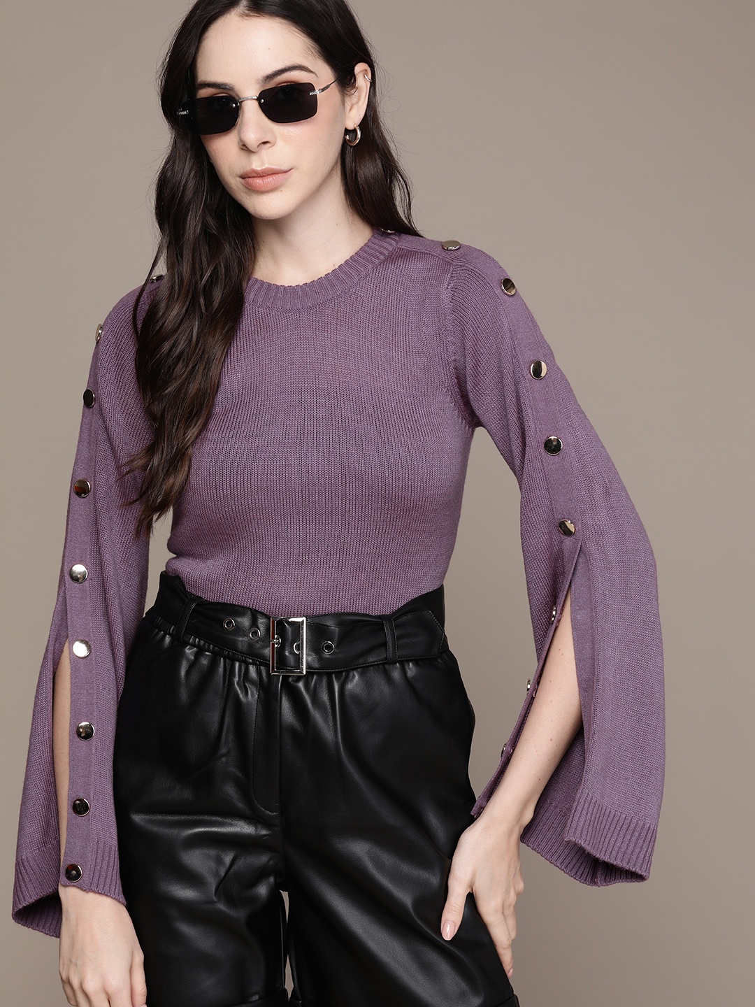 

The Roadster Lifestyle Co. Long Flared Slit Sleeves Button Detail Pullover, Mauve