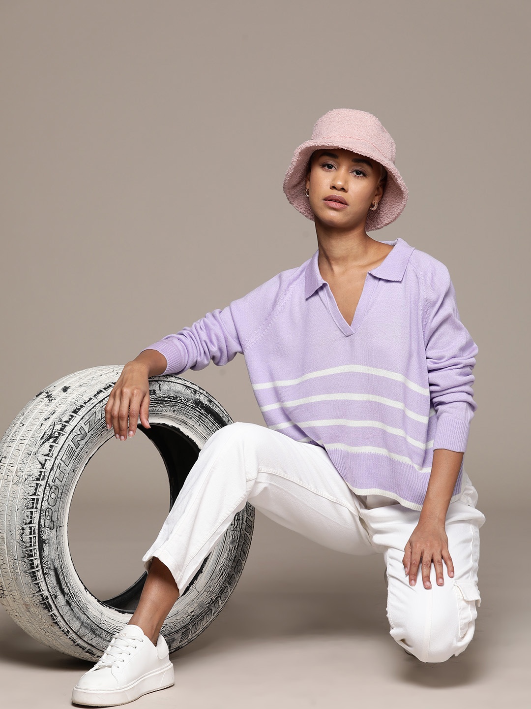 

The Roadster Lifestyle Co. Pure Acrylic Striped Relaxed Pullover, Lavender