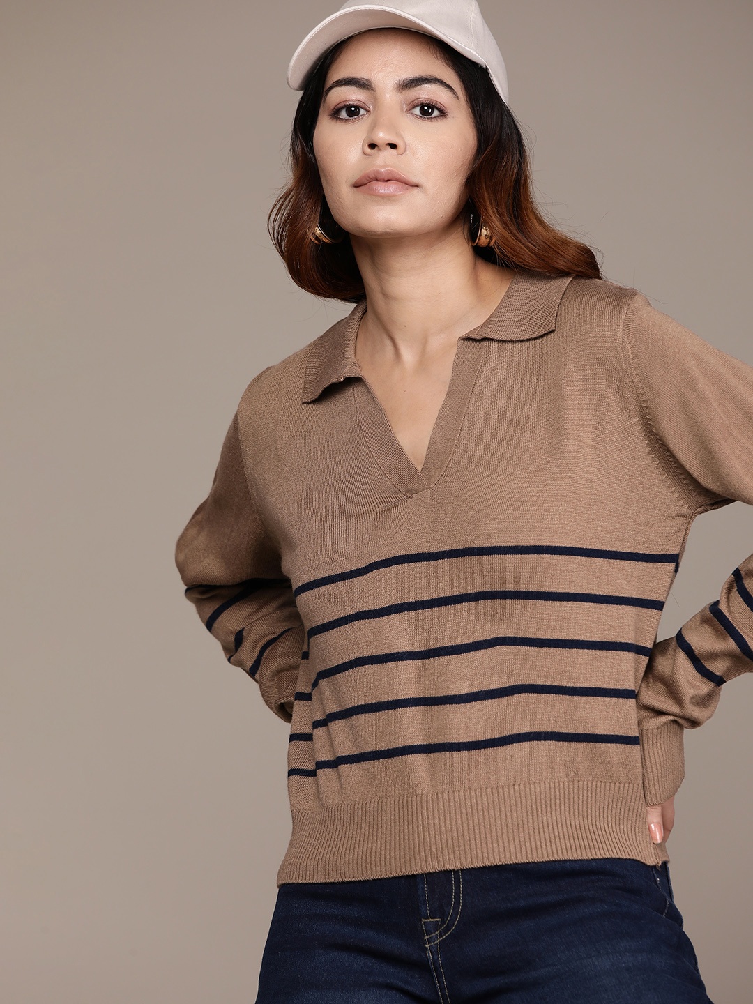 

The Roadster Lifestyle Co. Pure Acrylic Striped Relaxed Pullover, Brown