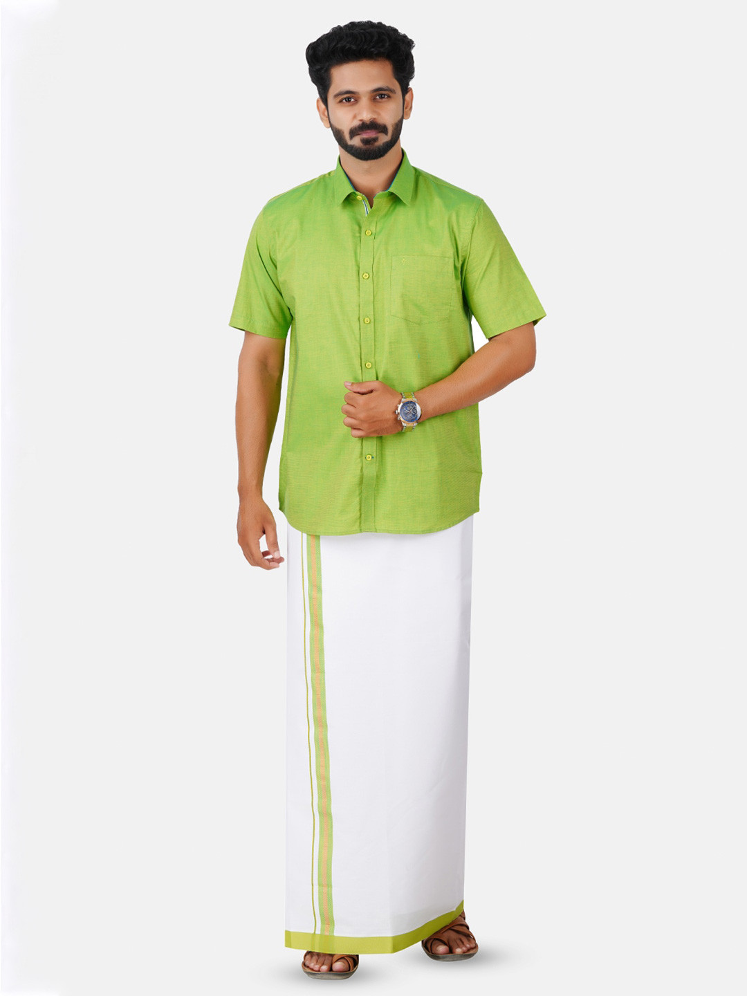 

Ramraj Short Sleeves Shirt With Veshti, Green