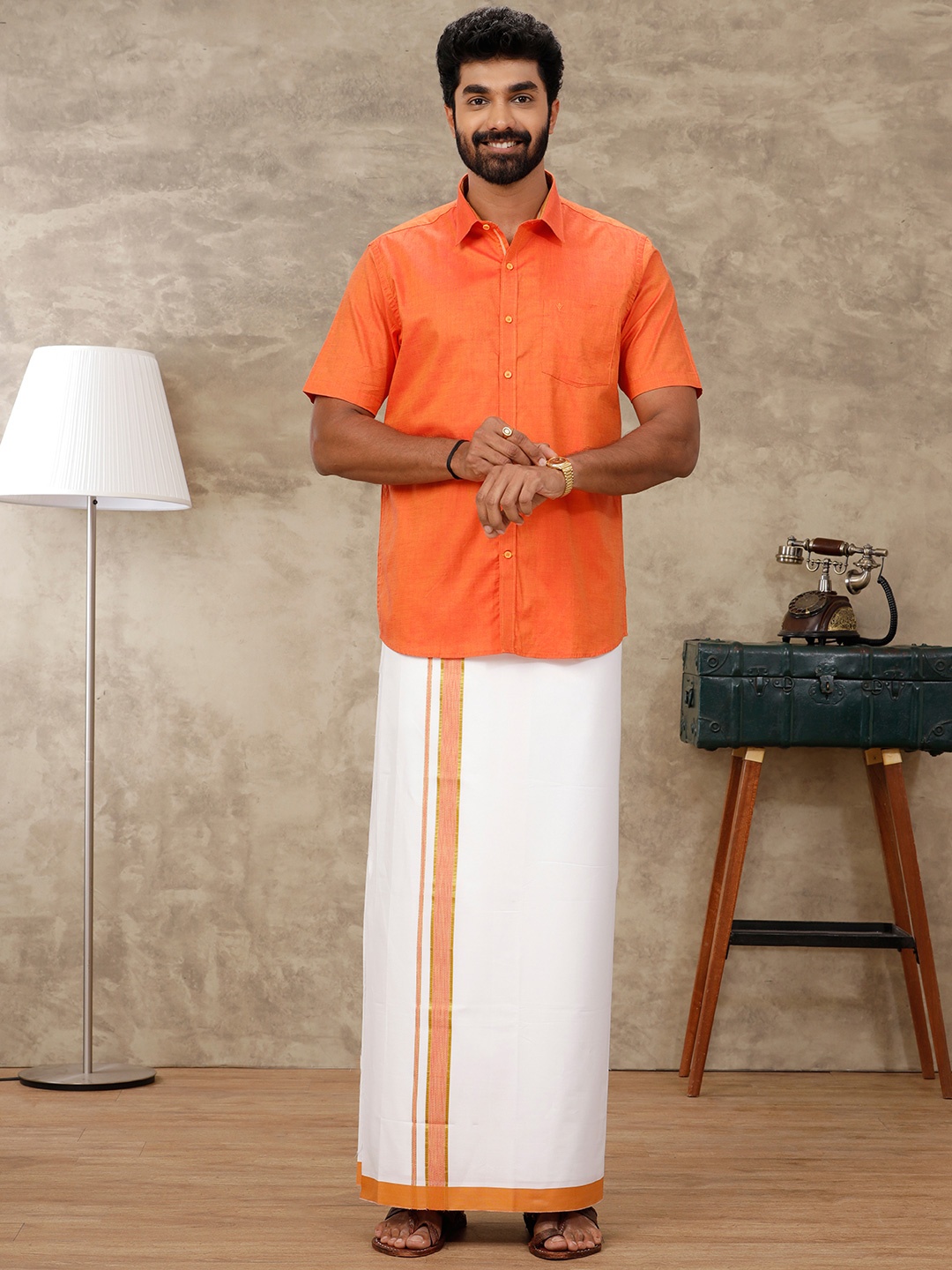 

Ramraj Short Sleeves Shirt With Veshti, Orange