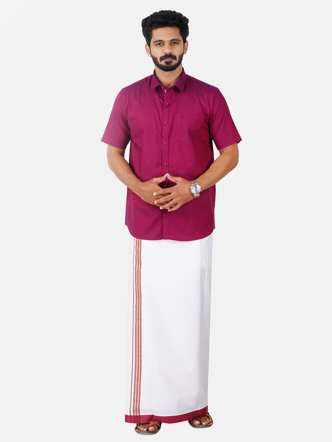 Ramraj Men Half Sleeve Shirt & Matching Border Dhoti, Purple