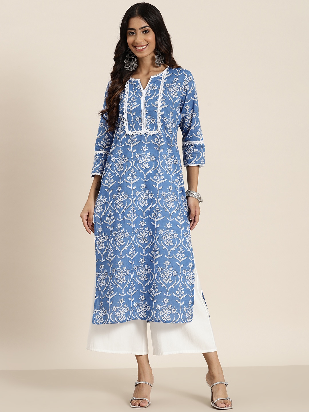 

HERE&NOW Pure Cotton Floral Printed Kurta, Blue