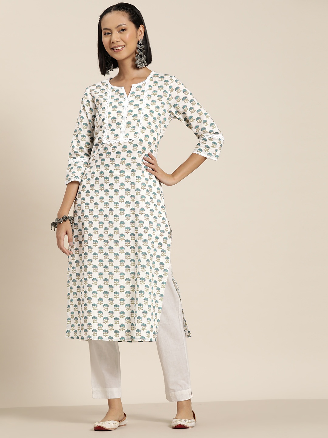 

HERE&NOW Women Ethnic Motifs Printed Pure Cotton Straight Kurta, White