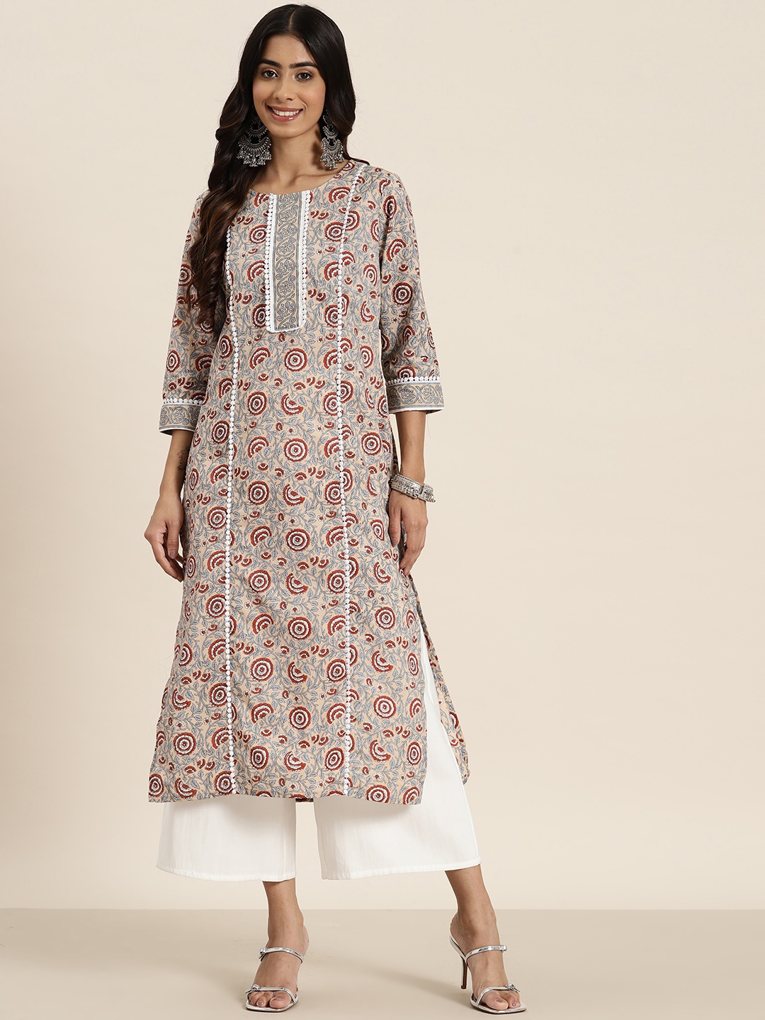 

HERE&NOW Pure Cotton Floral Printed Kurta, Beige