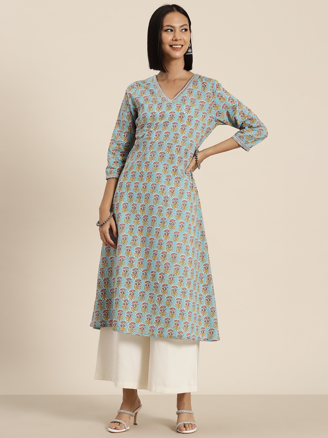 

HERE&NOW Pure Cotton Ethnic Motifs Printed Gotta Patti A-Line Kurta, Blue