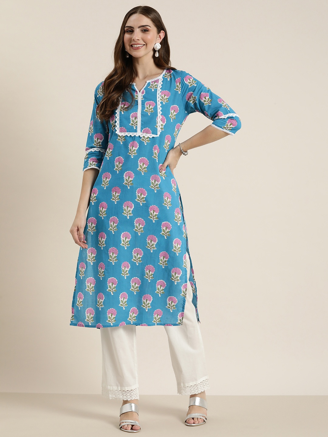 

HERE&NOW Pure Cotton Floral Printed Straight Kurtas, Blue