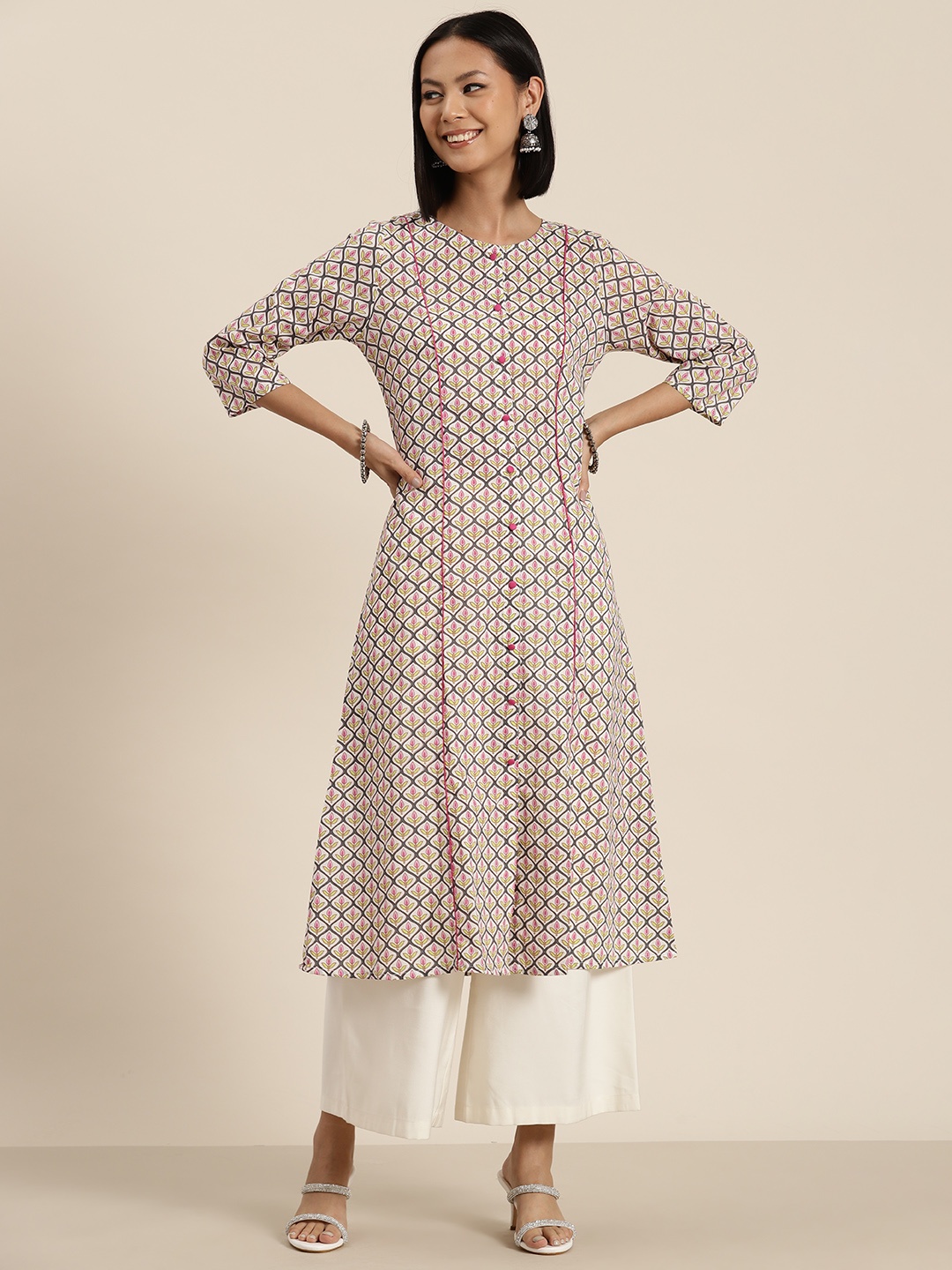 

HERE&NOW Pure Cotton Floral Printed Panelled Kurta, White