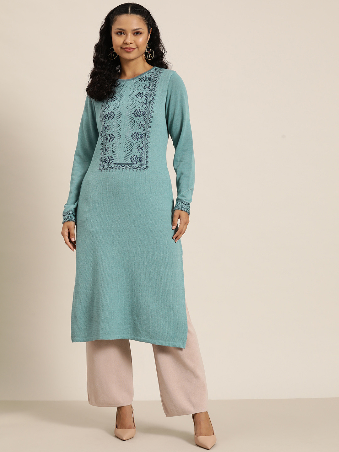 

HERE&NOW Women Ethnic Motifs Winter Kurta, Blue