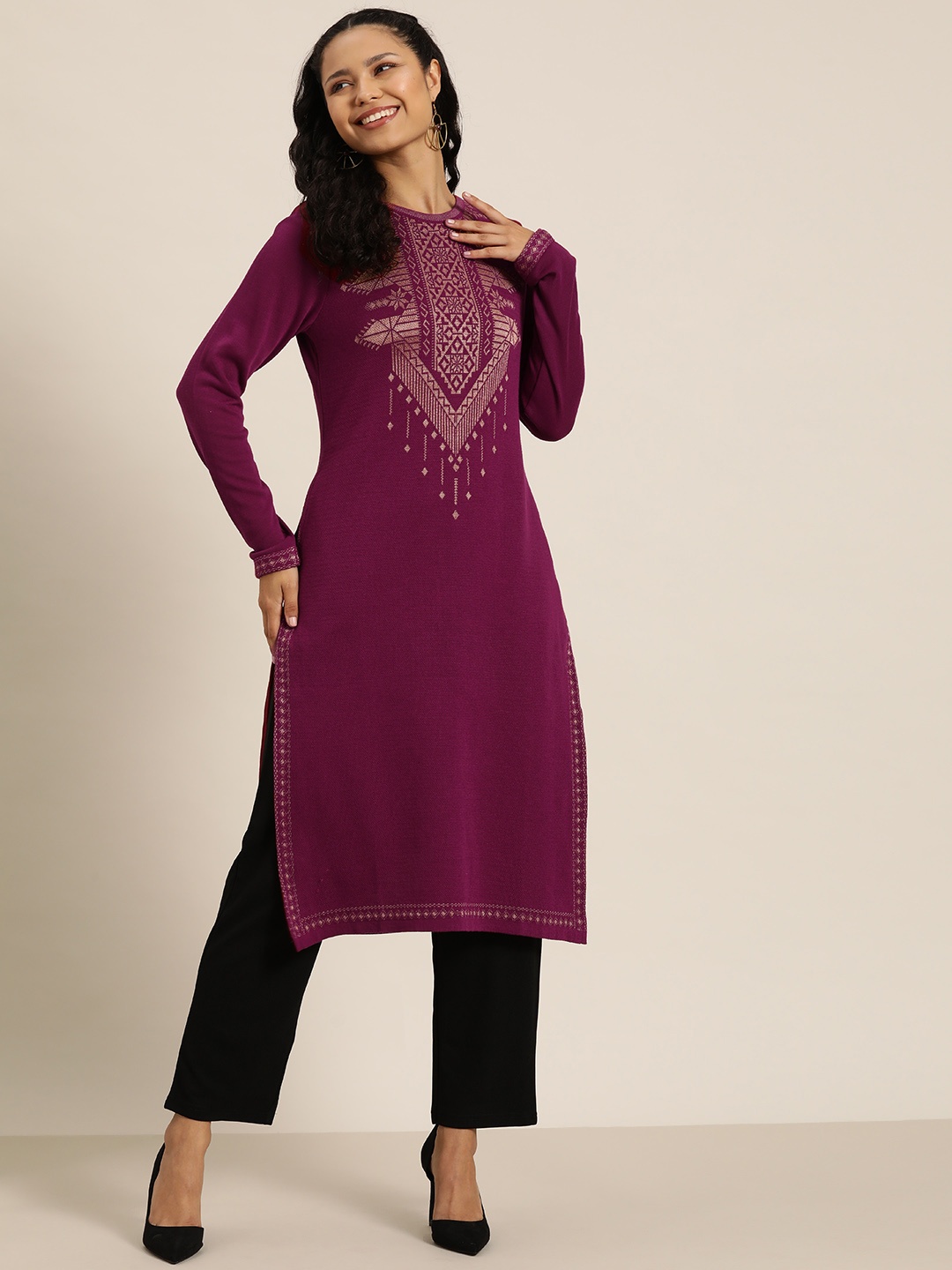 

HERE&NOW Women Woven Design Winter Kurta, Magenta