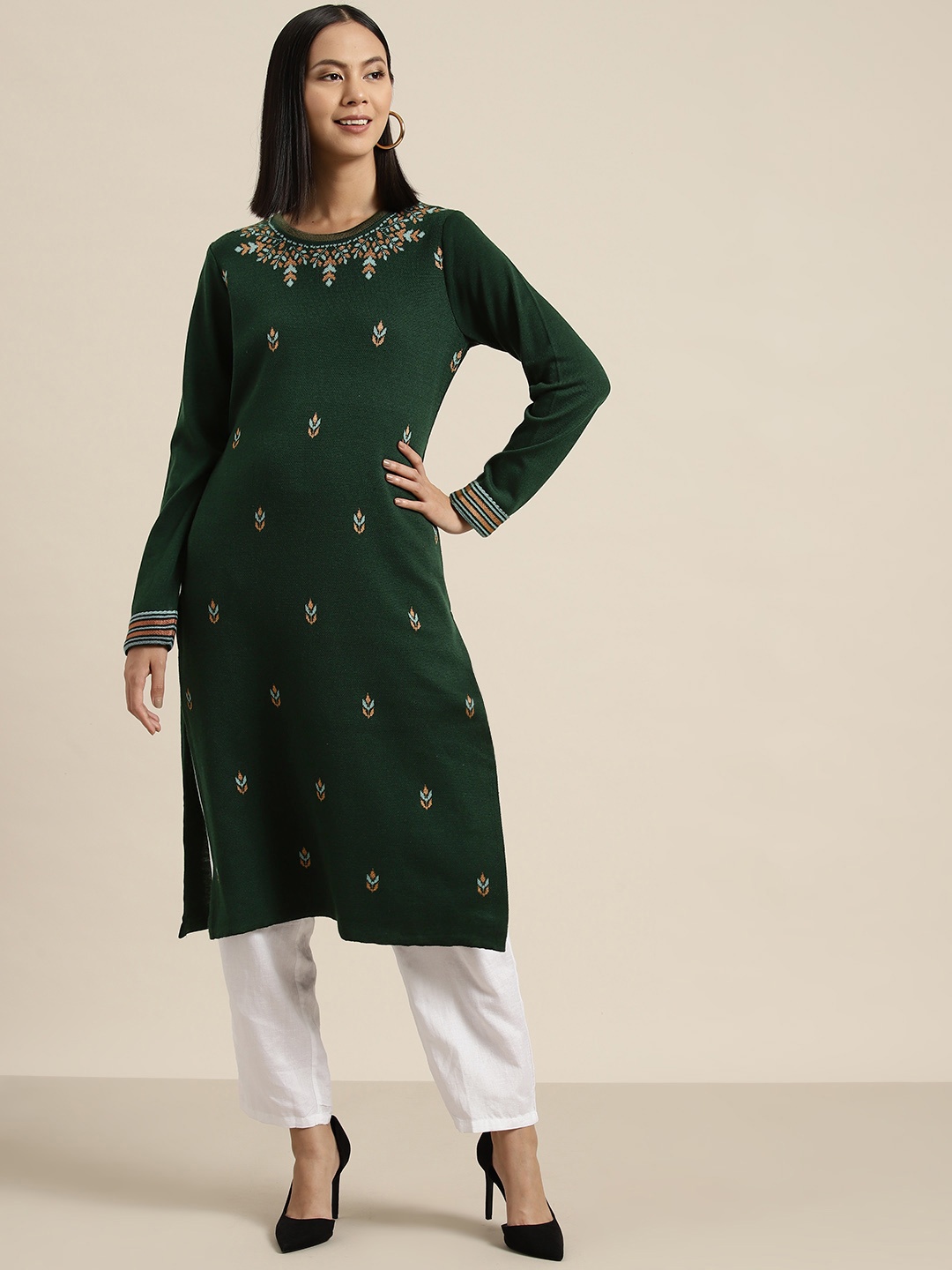 

HERE&NOW Ethnic Motifs Woven Design Knitted Kurta, Green