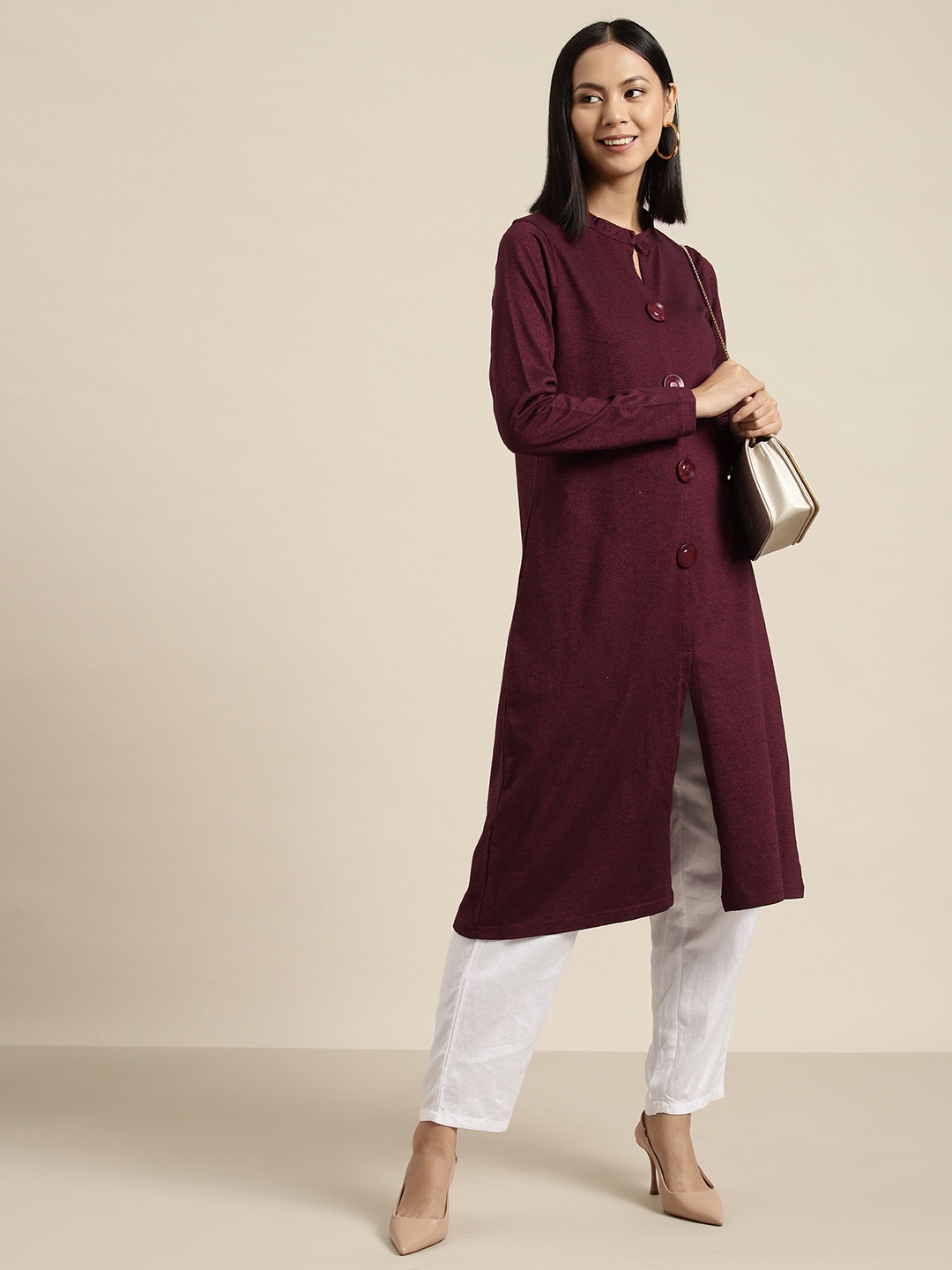 

HERE&NOW Button Detailed Front Slit A-Line Kurta, Maroon