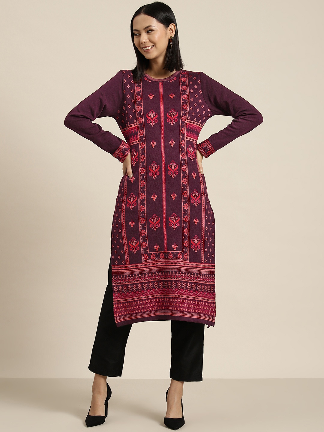 

HERE&NOW Ethnic Motifs Knitted Kurta, Burgundy
