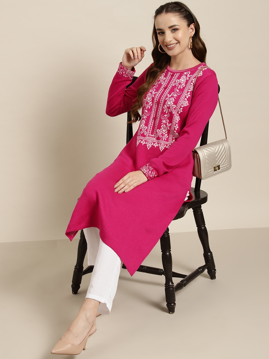 

HERE&NOW Ethnic Motifs Knitted Kurta, Fuchsia