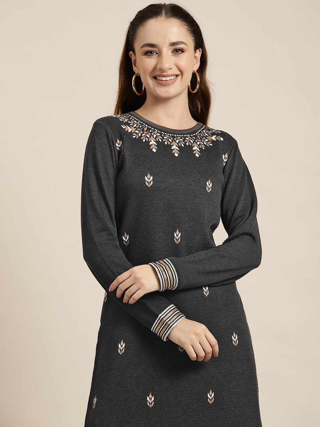 

HERE&NOW Ethnic Motifs Knitted Kurta, Charcoal