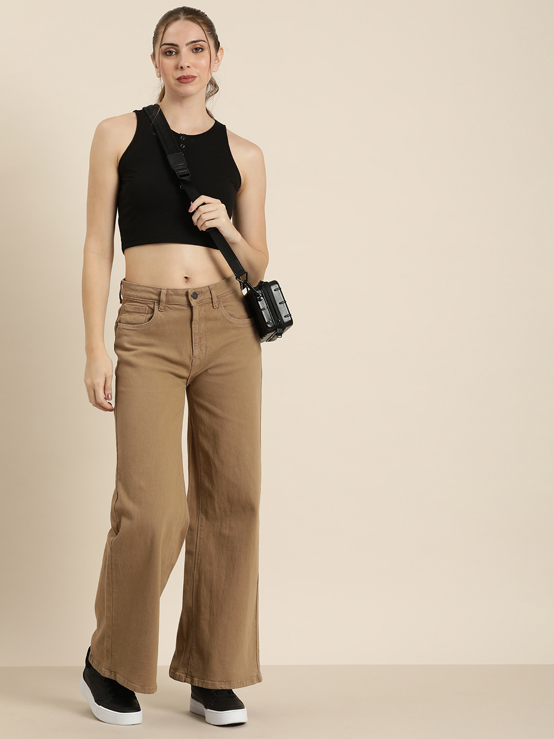 

Moda Rapido Women Mid-Rise Wide Leg Stretchable Jeans, Brown