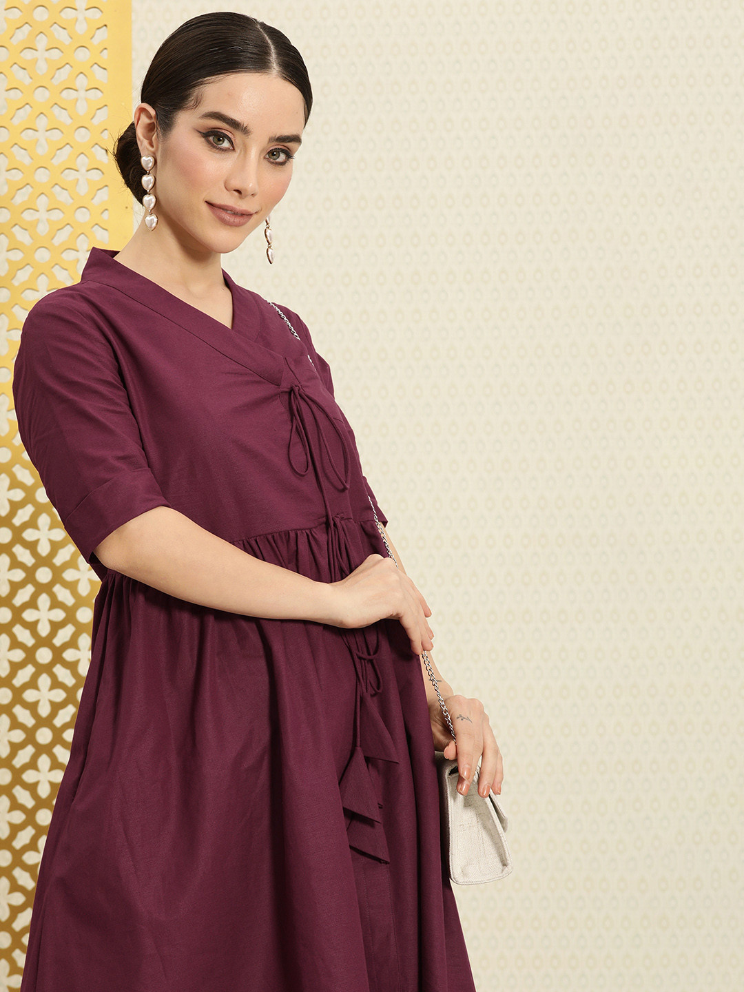 

House of Pataudi Pure Cotton V-Neck A-Line Angrakha Rozana Kurta, Maroon